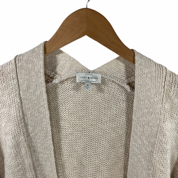 Med Lucky Brand Size Medium Oatmeal Cream Chunky Knit Open Linen Cardigan Tassel - Picture 3 of 10